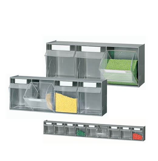 Revolving shelves with transparent plastic containers for small parts