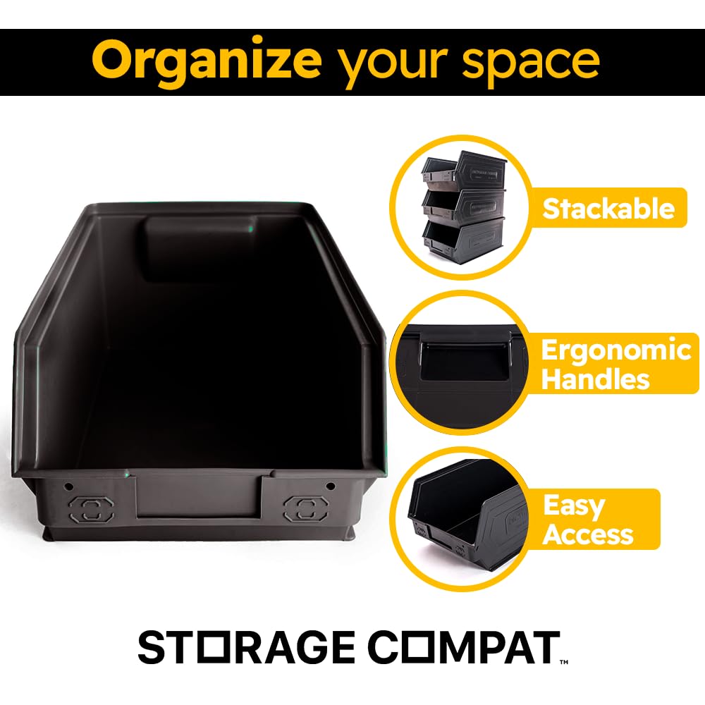 Storage Compat 6 Pack Small Storage Bin, Wall Mount Storage, Hanging and Stacking Bin, Freestanding | 12” x 8” x 6” Plastic Container | Zeus 3A2PLZ06