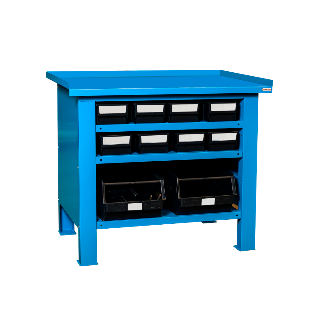 Storage Compat FBGM10052 - FBG Series Industrial Workbenches - Steel Countertop - 40.6' x 27.75' x 33.7' - Heavy Duty Garage Workbench with Multibox Plastic Containers & Steel Shelf - Load Capacity 2645 Lbs