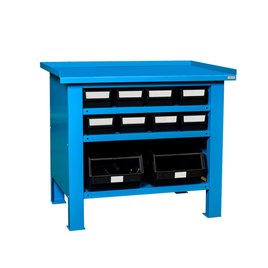 Storage Compat FBGM10052 - FBG Series Industrial Workbenches - Steel Countertop - 40.6' x 27.75' x 33.7' - Heavy Duty Garage Workbench with Multibox Plastic Containers & Steel Shelf - Load Capacity 2645 Lbs