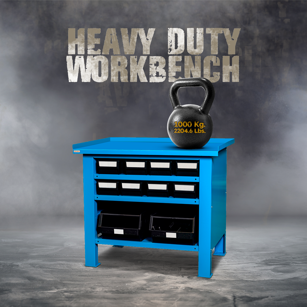 Storage Compat FBGM10052 - FBG Series Industrial Workbenches - Steel Countertop - 40.6' x 27.75' x 33.7' - Heavy Duty Garage Workbench with Multibox Plastic Containers & Steel Shelf - Load Capacity 2645 Lbs