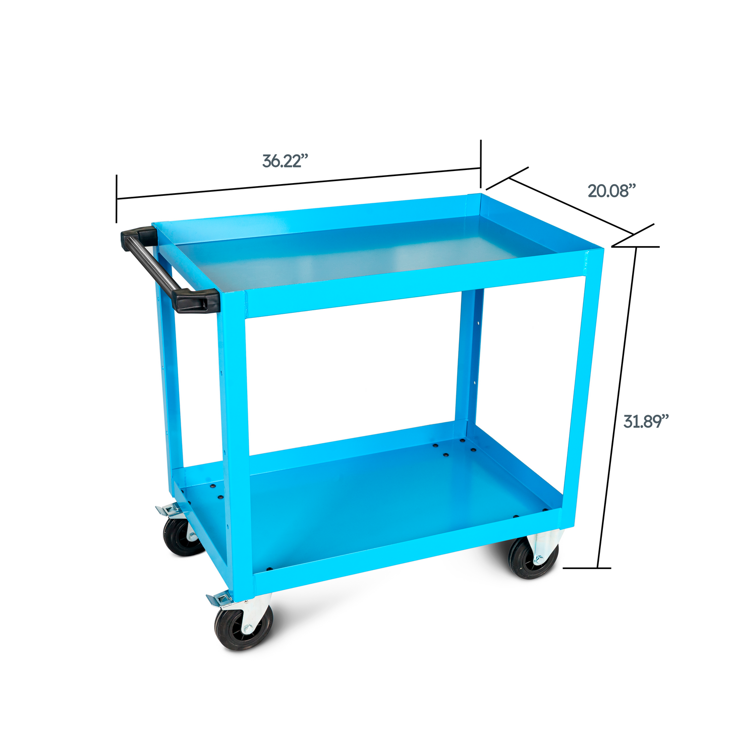 Metal Transport Cart FCR009100 with Swivel and Fixed Casters, High Load Capacity, Baked-on Paint, and Delimited Shelves