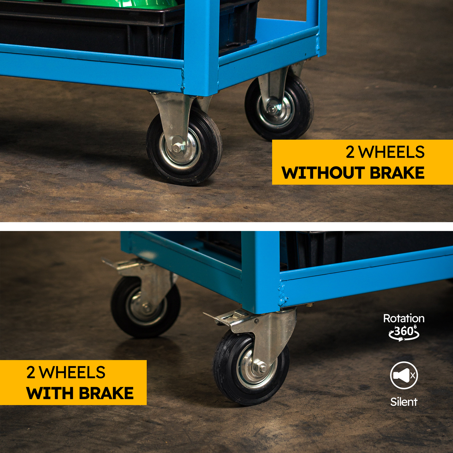 Metal Transport Cart FCR009100 with Swivel and Fixed Casters, High Load Capacity, Baked-on Paint, and Delimited Shelves