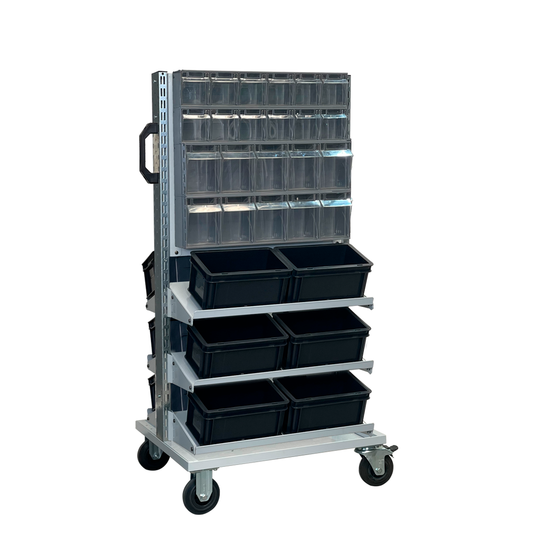 FLBB0735352 Modular Metal Transport Cart with Drawers and Containers, Heavy Duty, 661.4 Lb, Galvanized Steel, Swivel and Fixed Casters.