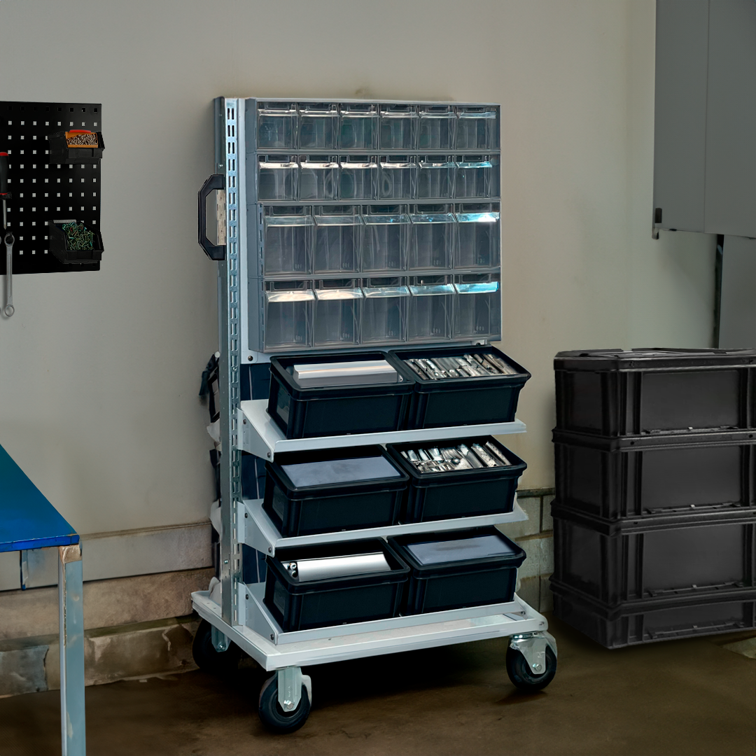 FLBB0735352 Modular Metal Transport Cart with Drawers and Containers, Heavy Duty, 661.4 Lb, Galvanized Steel, Swivel and Fixed Casters.