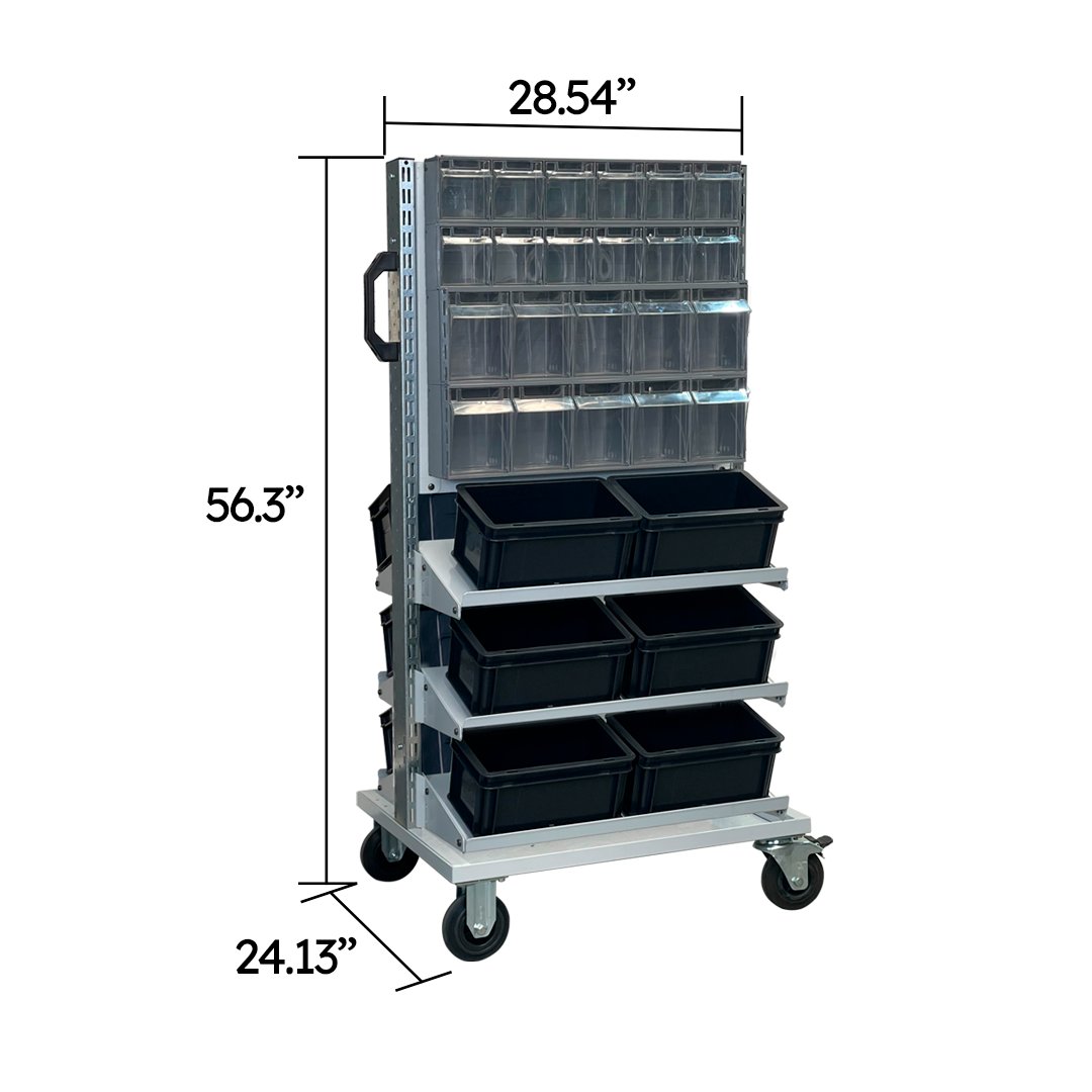 FLBB0735352 Modular Metal Transport Cart with Drawers and Containers, Heavy Duty, 661.4 Lb, Galvanized Steel, Swivel and Fixed Casters.
