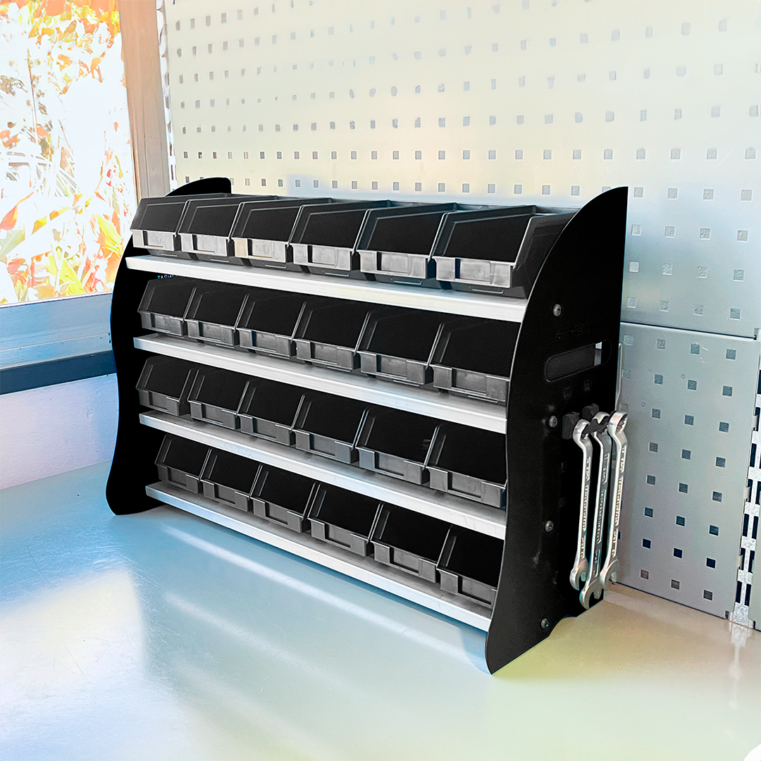 Metal organizer with plastic desk and storage drawers - For use as a free standing or wall mounted shelf - FLCC10052 BLACK