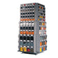 Revolving shelves with transparent plastic containers for small parts