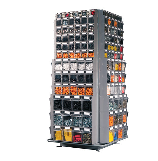 Revolving shelves with transparent plastic containers for small parts