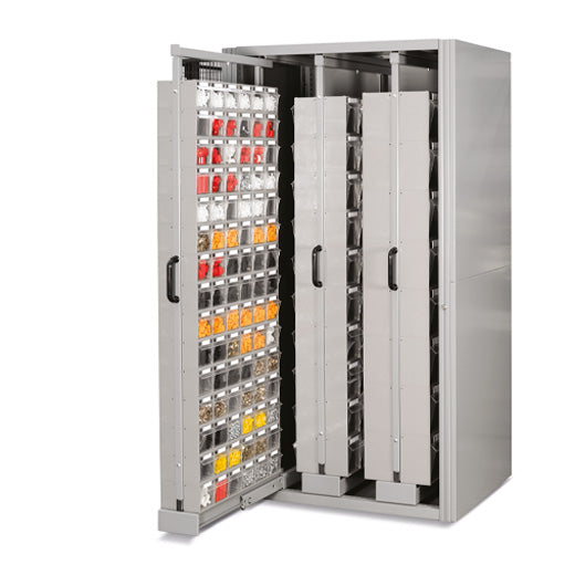 Metal Cabinet with extractable frames with plastic tilting bins & lock.
