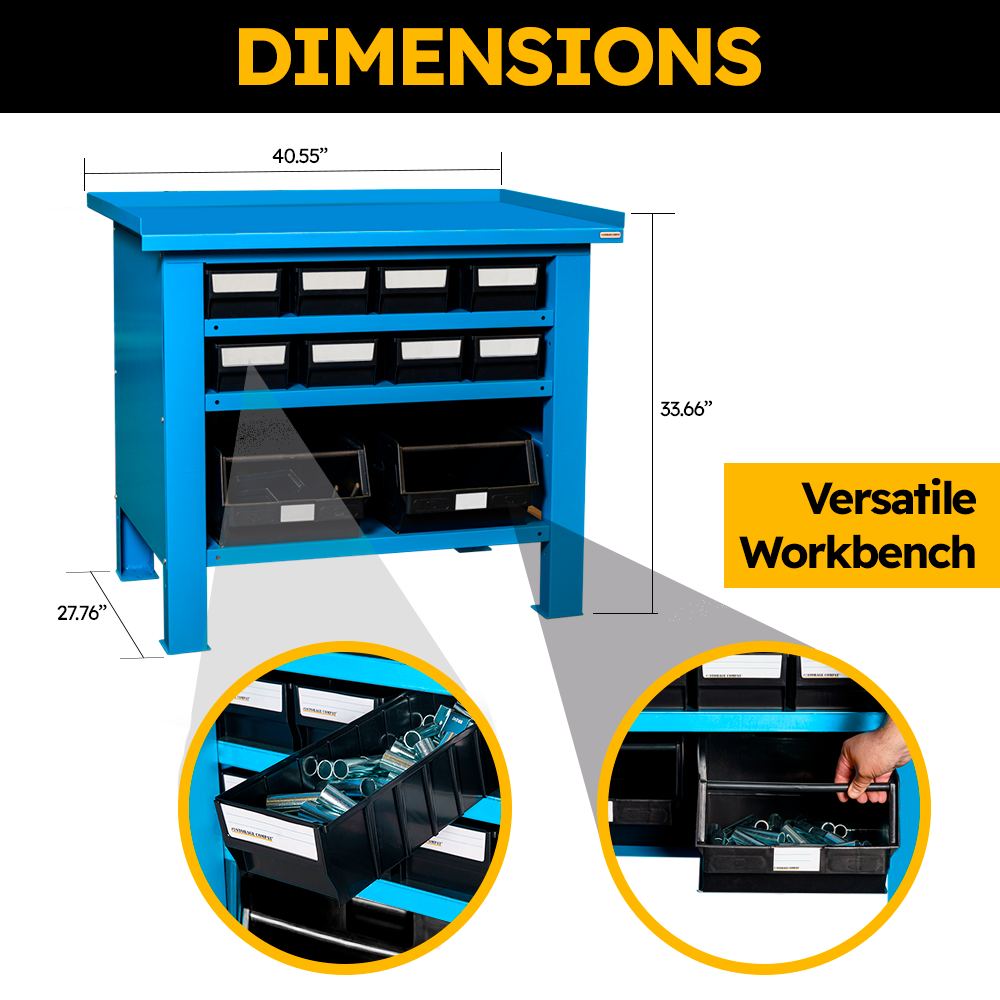 Storage Compat FBGM10052 - FBG Series Industrial Workbenches - Steel Countertop - 40.6' x 27.75' x 33.7' - Heavy Duty Garage Workbench with Multibox Plastic Containers & Steel Shelf - Load Capacity 2645 Lbs