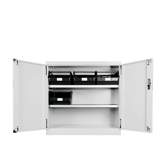 Heavy Duty Steel Low Storage Cabinet With Magnetic Doors, Adjustable Shelves & Storage Bins