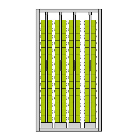 Metal Cabinet with extractable frames with plastic tilting bins & lock.